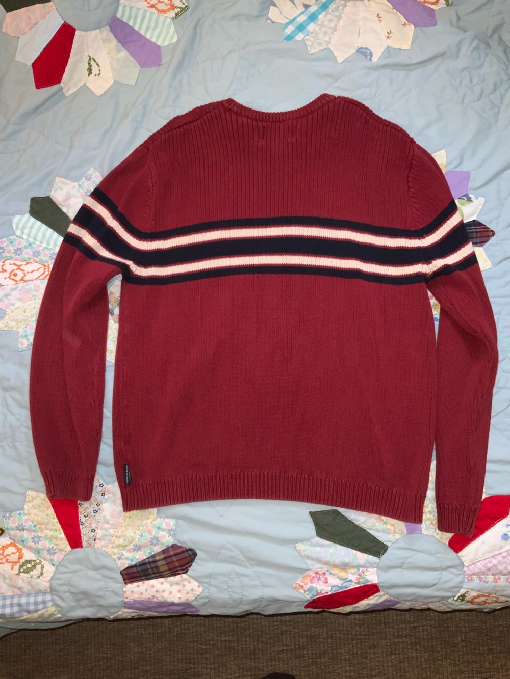 vintage ribbed knit cotton long sleeve sweater polo rugby stripe red navy medium
